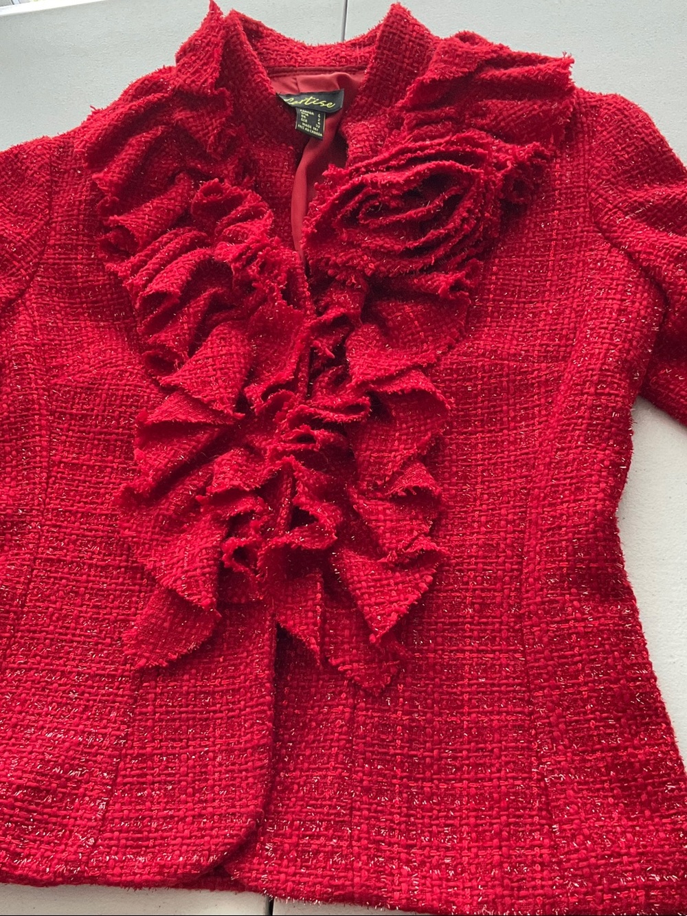 Women's Red Ruffle Front Blazer Jacket - Picture 4 of 5